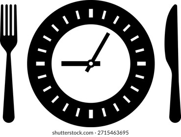 Meal Time Icon Set. Dining plate With Clock, Knife And Fork, Restaurant, Culinary, Dining. Time to Eat Concept. Cutlery icon. Spoon, forks, knife. Isolated Vector Illustration