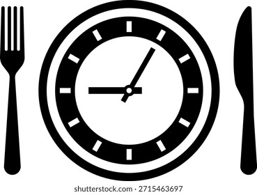 Conjunto de iconos de hora de comida. Placa de comedor con reloj, cuchillo y tenedor, restaurante, culinario, comedor. Concepto de Tiempo para Comer. Icono de cubiertos. Cuchara, tenedores, cuchillo. Ilustración vectorial aislada