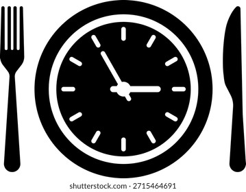 Meal Time Icon Set. Dining plate With Clock, Knife And Fork, Restaurant, Culinary, Dining. Time to Eat Concept. Cutlery icon. Spoon, forks, knife. Isolated Vector Illustration