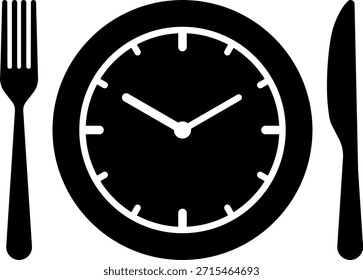 Meal Time Icon Set. Dining plate With Clock, Knife And Fork, Restaurant, Culinary, Dining. Time to Eat Concept. Cutlery icon. Spoon, forks, knife. Isolated Vector Illustration