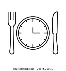 Meal Time Line Icon, Clock With Knife And Fork, Restaurant, Culinary, Dining Concept. Isolated Vector Illustration.