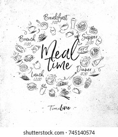 Meal time monogram with food icon drawing on dirty paper background
