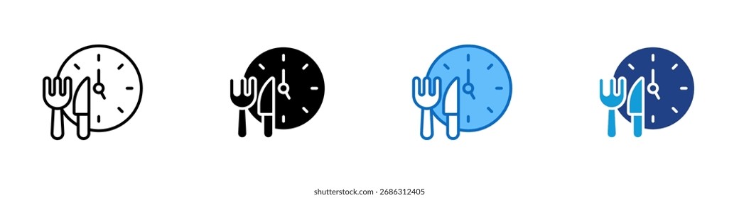 Vector de diseño de íconos de estilo múltiple: tenedor y cuchillo con un reloj, que representa el horario de comidas, el descanso para el almuerzo y la hora de las comidas