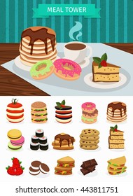 Meal tower banner with icon set at the bottom breakfast on the table vector illustration