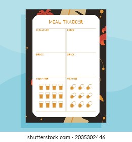Meal tracker print concept page template. With hand drawn exotic floral leaves pattern. 