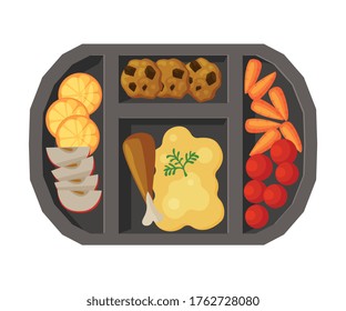 Meal Tray Filled With Mashed Potato, Chicken Drumstick And Vegetables, Healthy Food For Kids And Students, View From Above Flat Vector Illustration