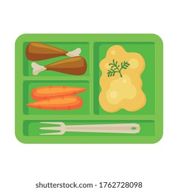Meal Tray Filled with Mashed Potato, Chicken Drumsticks and Carrots, Healthy Food For Kids And Students, View from Above Flat Vector Illustration