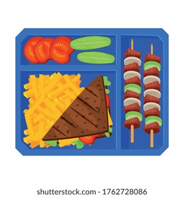 Meal Tray Filled with Sandwich, French Fries, Barbecue and Vegetables, Food For Kids And Students, View from Above Flat Vector Illustration