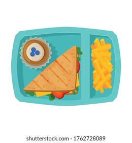 Meal Tray Filled with Sandwich, French Fries and Cupcake, Healthy Food For Kids And Students, View from Above Flat Vector Illustration