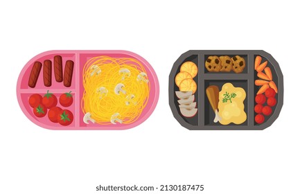 Meal Tray with Fresh Appetizing Food Rested in Different Section Above View Vector Set