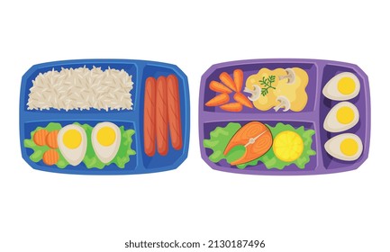 Meal Tray with Fresh Appetizing Food Rested in Different Section Above View Vector Set