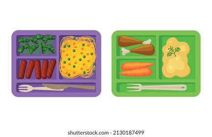 Meal Tray with Fresh Appetizing Food Rested in Different Section Above View Vector Set