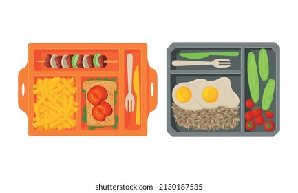 Meal Tray with Fresh Appetizing Food Rested in Different Section Above View Vector Set