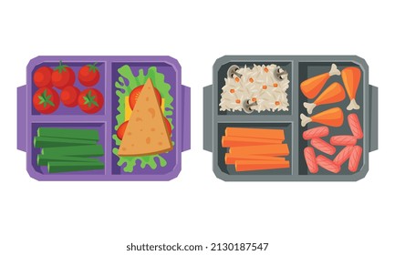 Meal Tray with Fresh Appetizing Food Rested in Different Section Above View Vector Set