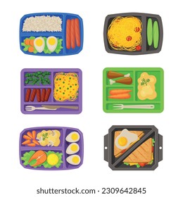 Meal Tray with Fresh Appetizing Food Rested in Different Section Above View Vector Set