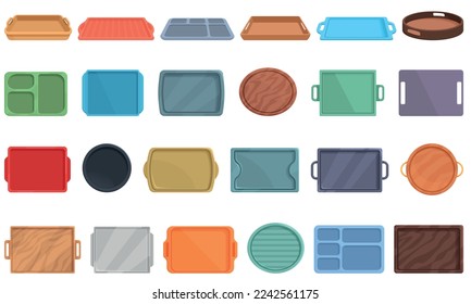 Meal tray icons set cartoon vector. Kitchen food. Work cooking