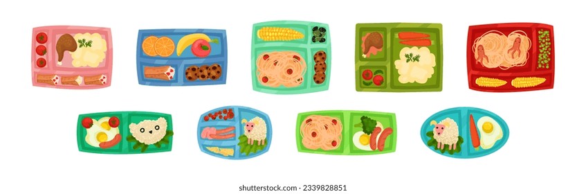 Meal Tray for Kids with Fresh Appetizing Food in Different Section Above View Vector Set