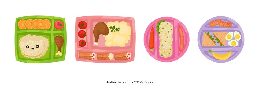 Meal Tray for Kids with Fresh Appetizing Food in Different Section Above View Vector Set