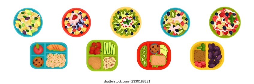 Meal Trays and Bowl of Fruit Salad for Lunch Vector Set