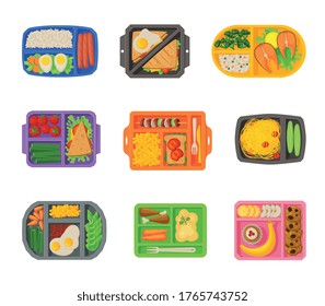 Meal Trays Filled with Food Collection, Healthy Lunch For Kids And Students, View from Above Flat Vector Illustration