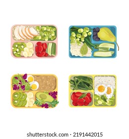 Meal Trays Filled with Food for Lunch Collection, Healthy Food For Kids And Students, View from Above Flat Vector Illustration.