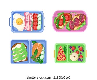 Comida con comida saludable para el almuerzo. Vista desde arriba de las bandejas de almuerzo escolar con sándwich, huevo, bacón, salmón, verduras y fruta. Comidas sanas equilibradas para niños vector de dibujos animados