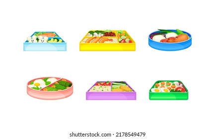 Meal trays with healthy nutritious food set vector illustration