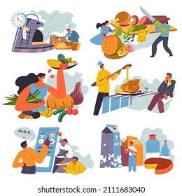 Meal and varieties of food, people cooking meal in restaurant or cafe. Sausage and cucumber vegetables, woman with melon and pumpkin and fruits. Milk and dairy products, vector in flat style