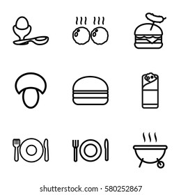 meal vector icons. Set of 9 meal outline icons such as plate fork and spoon, mushroom, burger with sausage, burger, burrito, boiled egg, meat