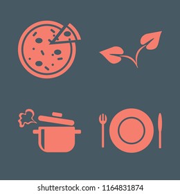 meal vector icons set. with boiled pan, plate folk knife, pizza and sprout in set