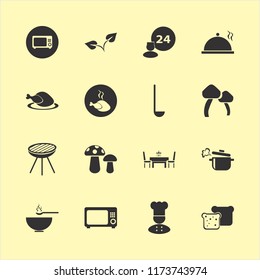 meal vector icons set. with hot chicken, dining table restaurant, boiled pan and mushrooms in set