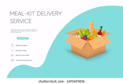 Meal-kit delivery service. Online ordering of food, grocery delivery, e-commerce. Flat design modern vector illustration concept.