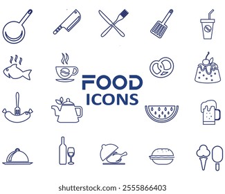  Set of Meal-Related Vector Line Icons. Breakfast, and lunch icons. Vector of a wine glass, croissant, spaghetti, and Illustrations.