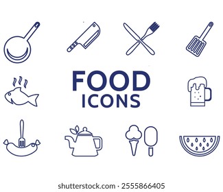  Set of Meal-Related Vector Line Icons. Breakfast, and lunch icons. Vector of a wine glass, croissant, spaghetti, and Illustrations.