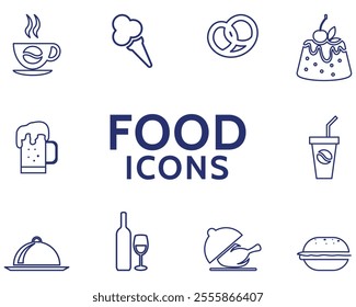  Set of Meal-Related Vector Line Icons. Breakfast, and lunch icons. Vector of a wine glass, croissant, spaghetti, and Illustrations.