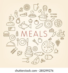 Meals concept vector illustration.
Outline icons of food, fruits and vegetables, drinks and fast food, meat and fish, confectionery and bakery, etc. in the shape of circle on the light background.