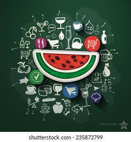 Meals and drinks collage with icons on blackboard. Vector illustration