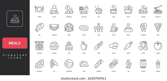 Meals, fast food and healthy nutrition for breakfast, lunch and dinner line icon set. burger sandwich and beverage cup, chicken and fish, hot soup thin black and red symbols vector illustration