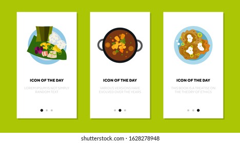 Meals flat icon set. Green salad, soup, pancakes isolated sign pack. Food, lunch, Asian cuisine concept. Vector illustration symbol elements for web design