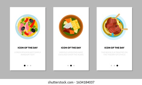 Meals flat icon set. Soup, vegetable, waffle, meat isolated sign pack. Restaurant dish, cuisine, menu, food, catering concept. Vector illustration symbol elements for web design