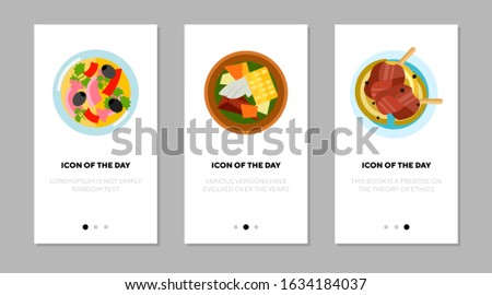 Meals flat icon set. Soup, vegetable, waffle, meat isolated sign pack. Restaurant dish, cuisine, menu, food, catering concept. Vector illustration symbol elements for web design