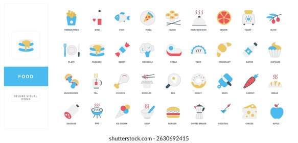 Meals, healthy and fast food diet menu, beverages, fruit and vegetable color icon set. Wine bottle and coffee, chicken and pizza, croissant and fresh bread, hamburger flat vector illustration