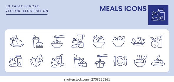 Iconos de comidas. Trazo Editable. Conjunto de iconos de línea delgada símbolo de colección.