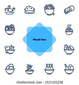 Meals line icon set. Bowl, chicken, Chinese noodle. Food concept. Can be used for topics like cooking, restaurant, dinner