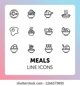 Meals line icons. Set of line icons on white background. Cooking concept. Salad, fish, chicken. Vector illustration can be used for topics like kitchen, cooking, restaurants