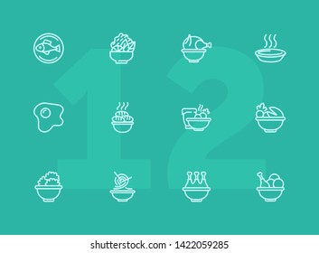 Meals line icons. Set of line icons on white background. Cooking concept. Salad, fish, chicken. Vector illustration can be used for topics like kitchen, cooking, restaurants