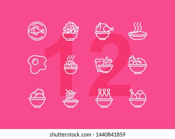 Meals line icons. Set of line icons on white background. Cooking concept. Salad, fish, chicken. Vector illustration can be used for topics like kitchen, cooking, restaurants