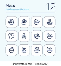Meals line icons. Set of line icons on white background. Cooking concept. Salad, fish, chicken. Vector illustration can be used for topics like kitchen, cooking, restaurants