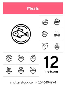 Meals line icons. Set of line icons on white background. Cooking concept. Salad, fish, chicken. Vector illustration can be used for topics like kitchen, cooking, restaurants