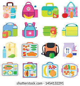 Meals lunch box icons set. Flat set of meals lunch box vector icons for any web design